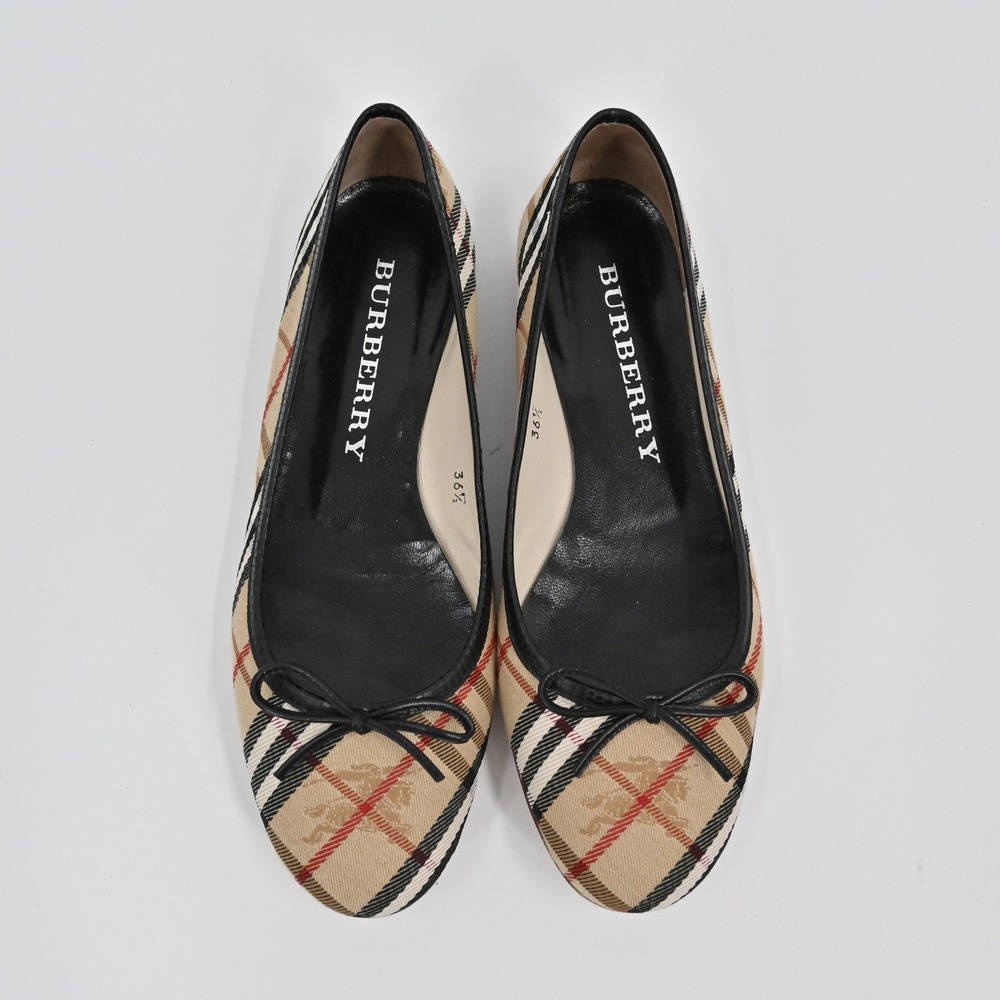Burberry Nova Check Ballet Flats Womens Size 36.5 Bow Elegant Beige Black Italy - Picture 6 of 12